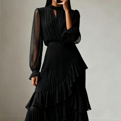 Vestido Midi Plisado para Mujer con Volantes y Escote Ojo de Cerradura