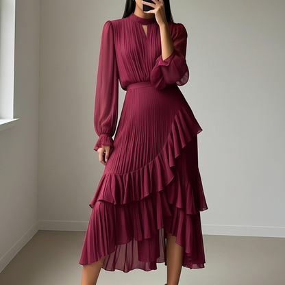 Vestido Midi Plisado para Mujer con Volantes y Escote Ojo de Cerradura
