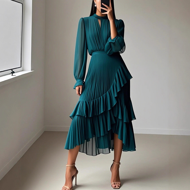 Vestido Midi Plisado para Mujer con Volantes y Escote Ojo de Cerradura