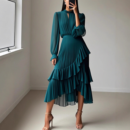 Vestido Midi Plisado para Mujer con Volantes y Escote Ojo de Cerradura