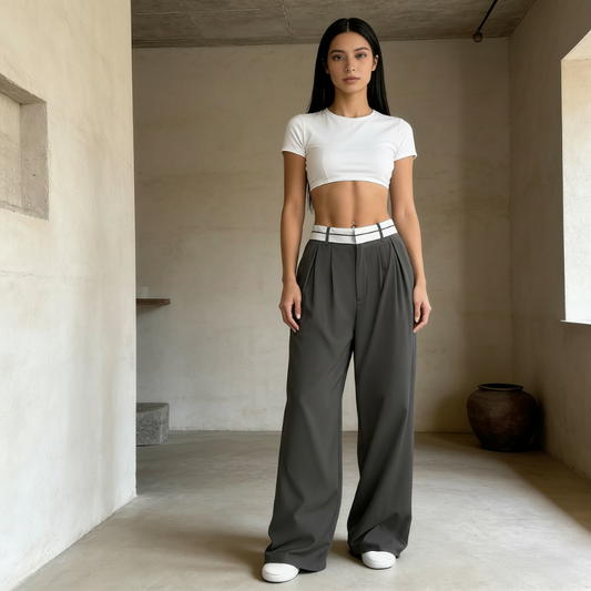 Pantalón Wide Leg de Mujer con Cinturón en Contraste