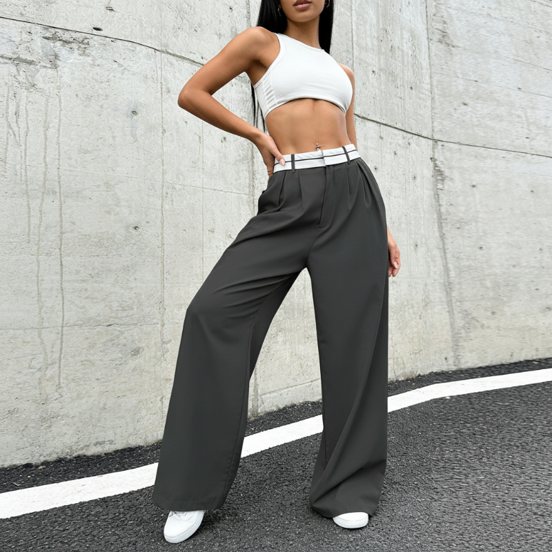 Pantalón Wide Leg de Mujer con Cinturón en Contraste