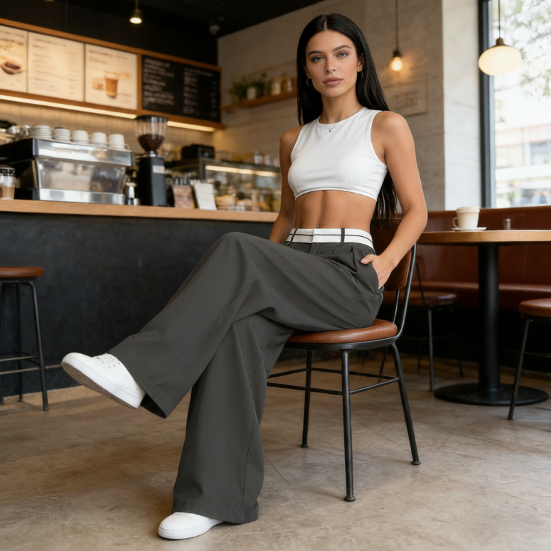 Pantalón Wide Leg de Mujer con Cinturón en Contraste