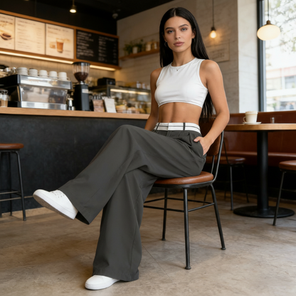 Pantalón Wide Leg de Mujer con Cinturón en Contraste