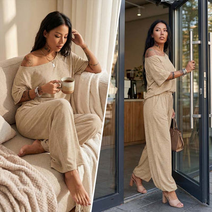 Conjunto 2 Piezas Mujer – Top Asimétrico & Pantalón Wide Leg Fluido para un Look Chic y Cómodo