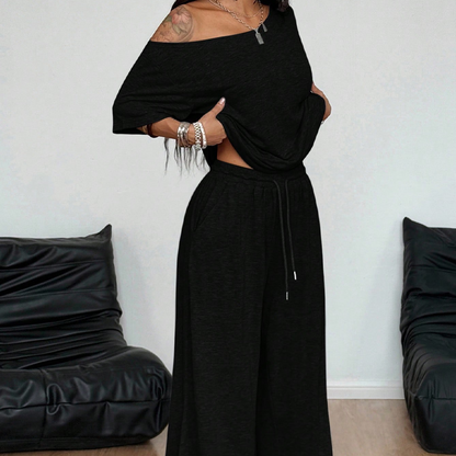 Conjunto 2 Piezas Mujer – Top Asimétrico & Pantalón Wide Leg Fluido para un Look Chic y Cómodo