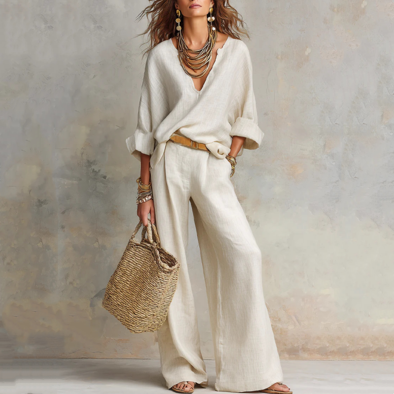 Conjunto 2 Piezas Mujer – Top Escote V & Pantalón Wide Leg